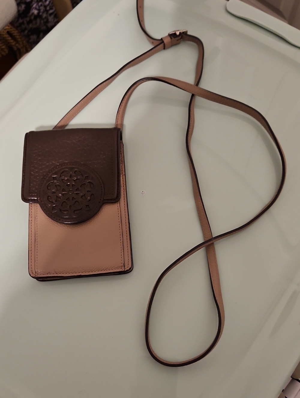 Two-Tone Pink and Brown Leather Crossbody Phone Pouch